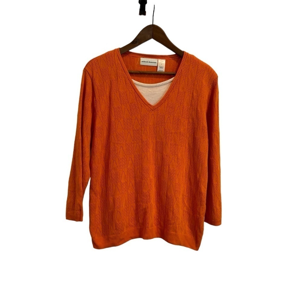 Alfred Dunner women’s orange sweater faux‎ white shirt underneath size L,
